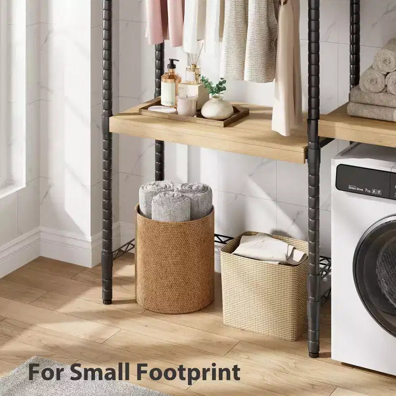 Plan de Travail Lave-linge Sèche-linge, Plan de Travail de Buanderie à 2 Niveaux - Bois Imperméable avec Rebords de 7 cm, Patins Antidérapants