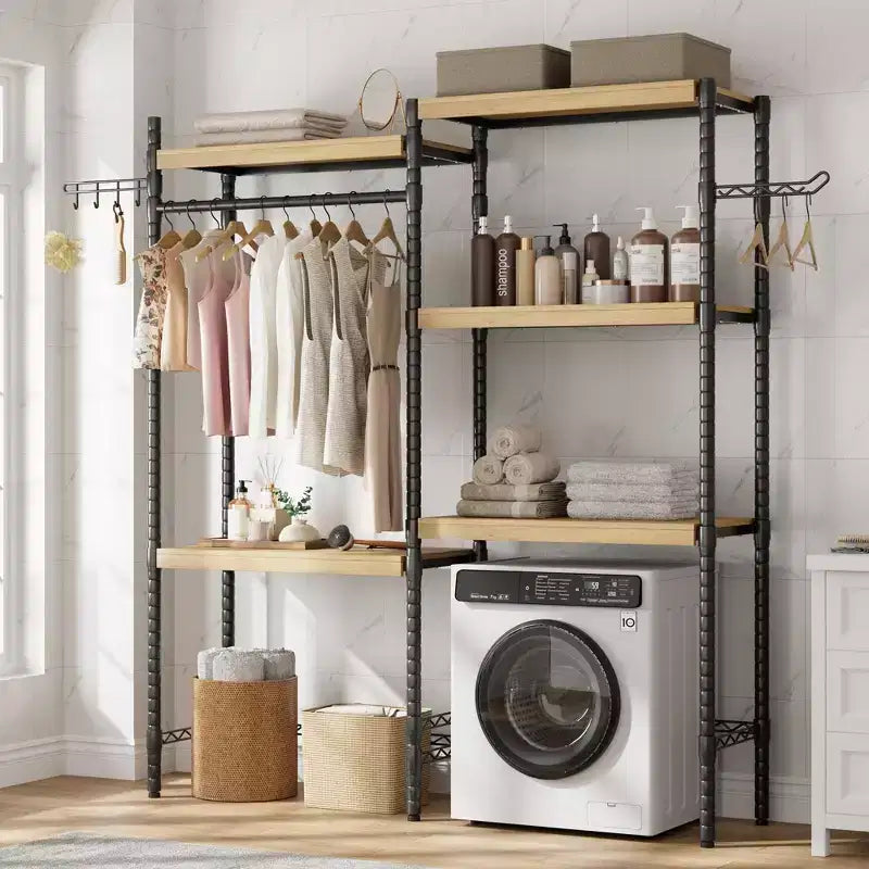 Plan de Travail Lave-linge Sèche-linge, Plan de Travail de Buanderie à 2 Niveaux - Bois Imperméable avec Rebords de 7 cm, Patins Antidérapants