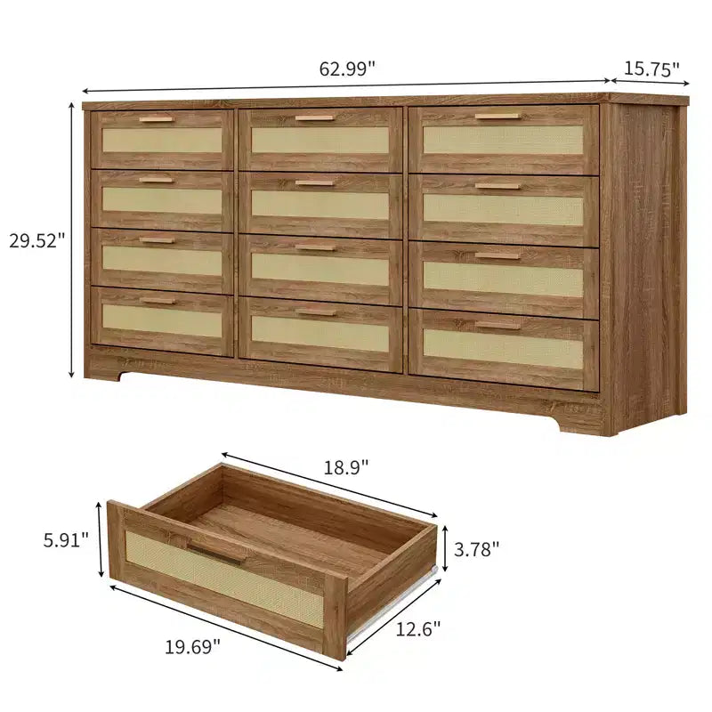 COZONY Commode à 12 tiroirs, commode moderne de 160 cm de large avec poignées en bois, organisateur de rangement pour chambre et meuble TV pour salon, couloir