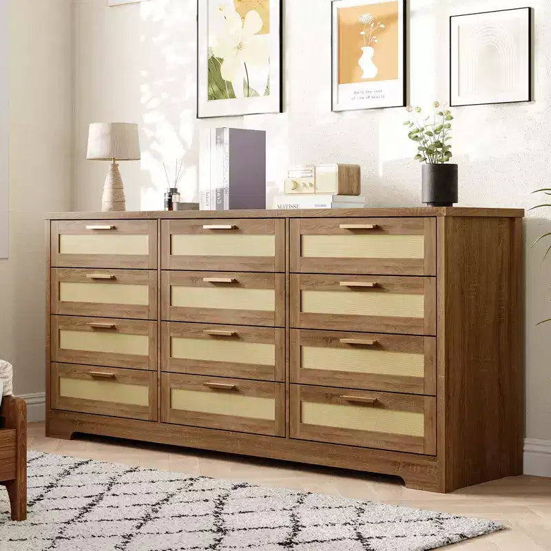 COZONY Commode à 12 tiroirs, commode moderne de 160 cm de large avec poignées en bois, organisateur de rangement pour chambre et meuble TV pour salon, couloir