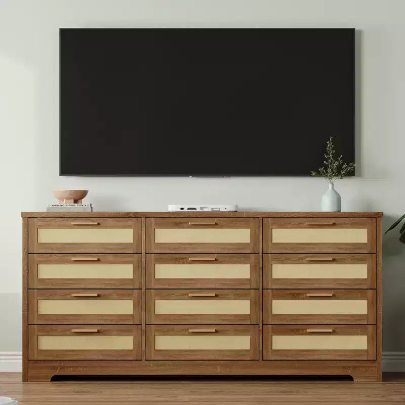 COZONY Commode à 12 tiroirs, commode moderne de 160 cm de large avec poignées en bois, organisateur de rangement pour chambre et meuble TV pour salon, couloir