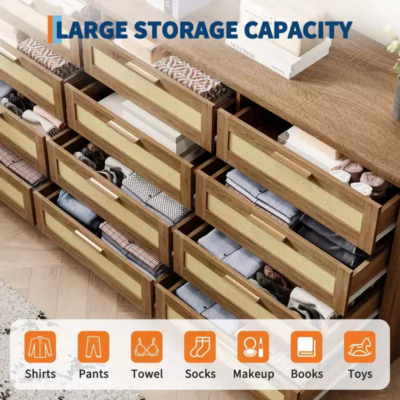 COZONY Commode à 12 tiroirs, commode moderne de 160 cm de large avec poignées en bois, organisateur de rangement pour chambre et meuble TV pour salon, couloir