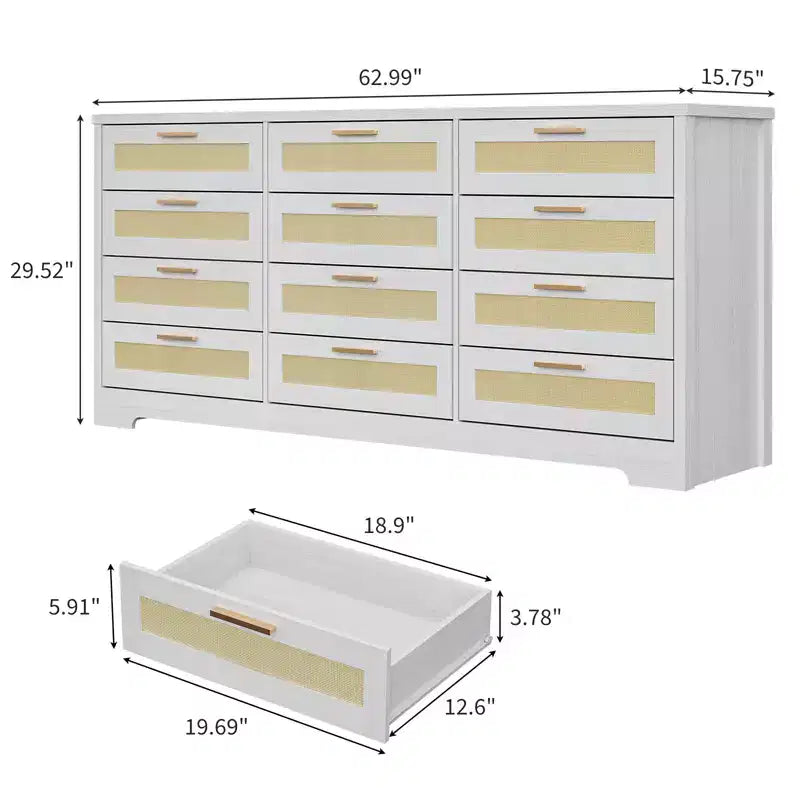 COZONY Commode à 12 tiroirs, commode moderne de 160 cm de large avec poignées en bois, organisateur de rangement pour chambre et meuble TV pour salon, couloir