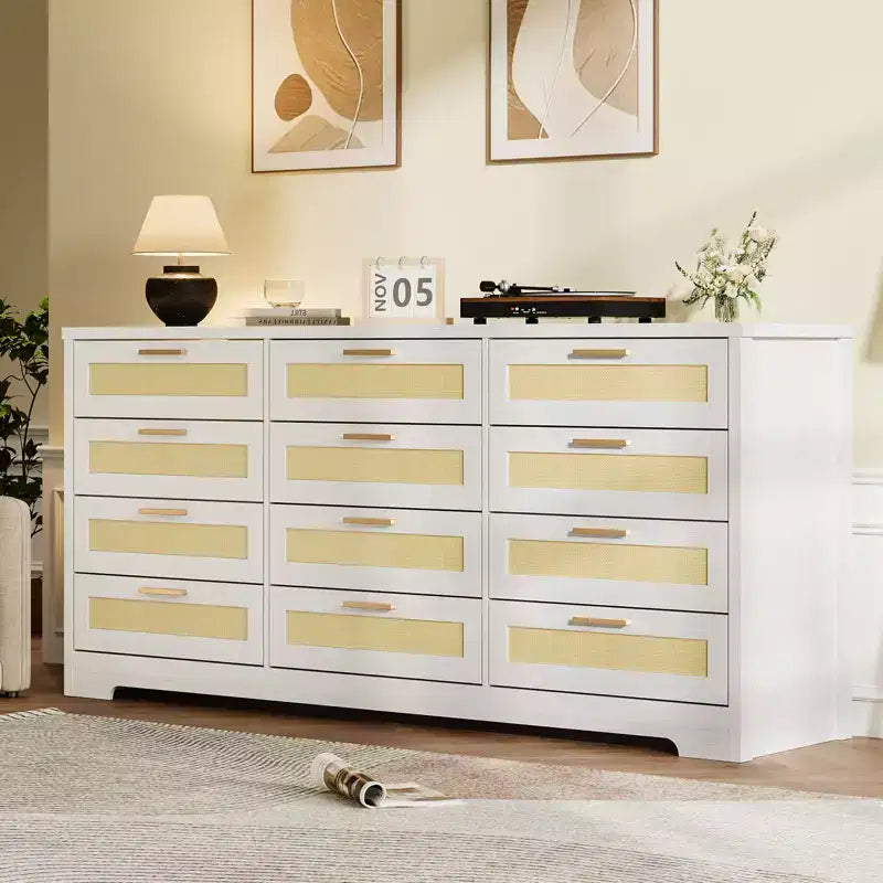 COZONY Commode à 12 tiroirs, commode moderne de 160 cm de large avec poignées en bois, organisateur de rangement pour chambre et meuble TV pour salon, couloir