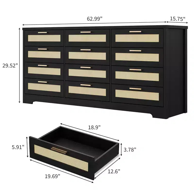 COZONY Commode à 12 tiroirs, commode moderne de 160 cm de large avec poignées en bois, organisateur de rangement pour chambre et meuble TV pour salon, couloir