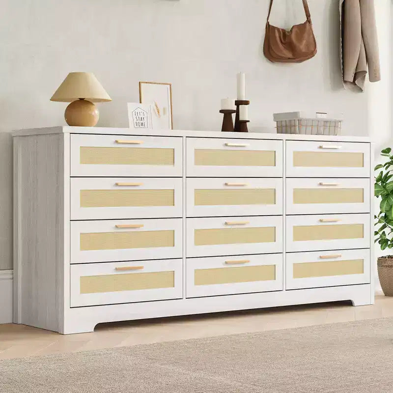 COZONY Commode à 12 tiroirs, commode moderne de 160 cm de large avec poignées en bois, organisateur de rangement pour chambre et meuble TV pour salon, couloir