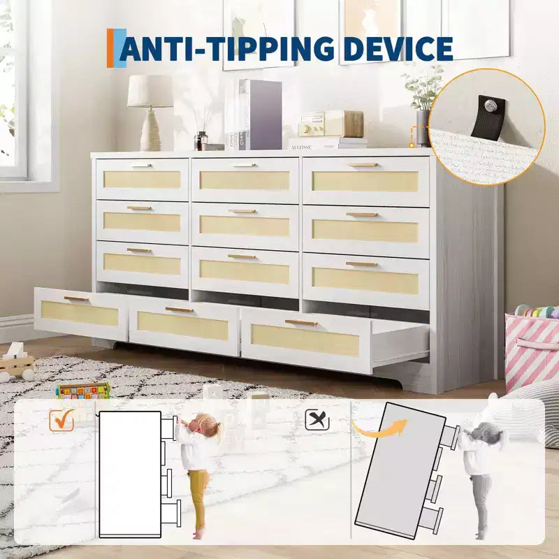 COZONY Commode à 12 tiroirs, commode moderne de 160 cm de large avec poignées en bois, organisateur de rangement pour chambre et meuble TV pour salon, couloir