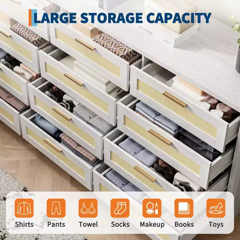 COZONY Commode à 12 tiroirs, commode moderne de 160 cm de large avec poignées en bois, organisateur de rangement pour chambre et meuble TV pour salon, couloir