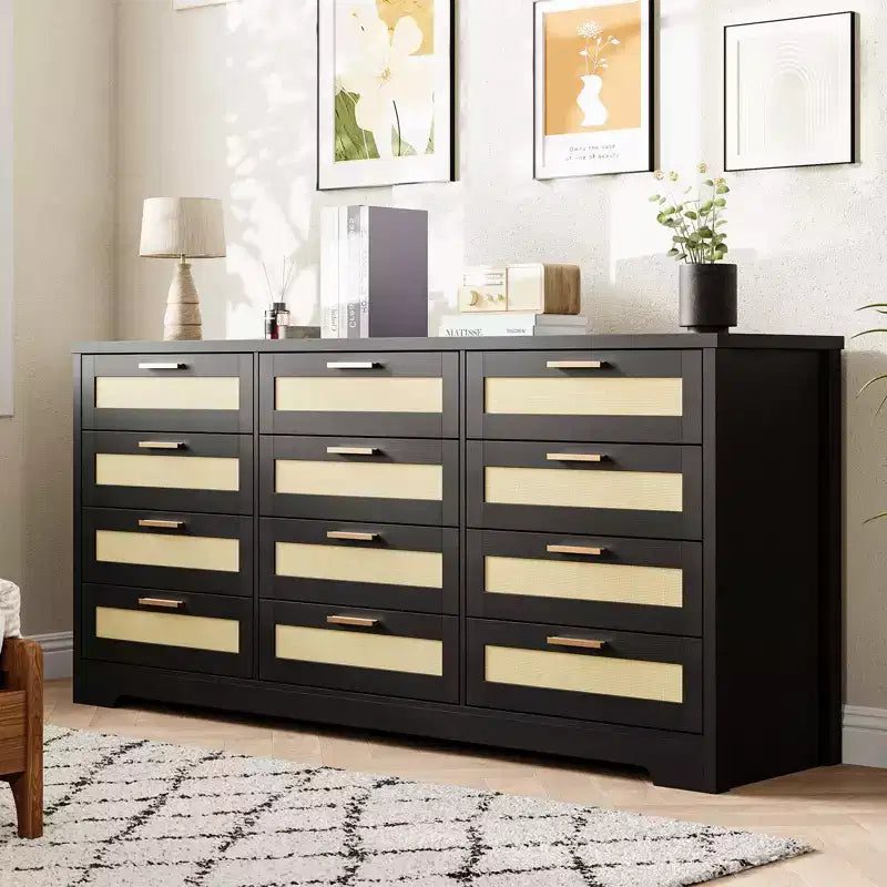 COZONY Commode à 12 tiroirs, commode moderne de 160 cm de large avec poignées en bois, organisateur de rangement pour chambre et meuble TV pour salon, couloir