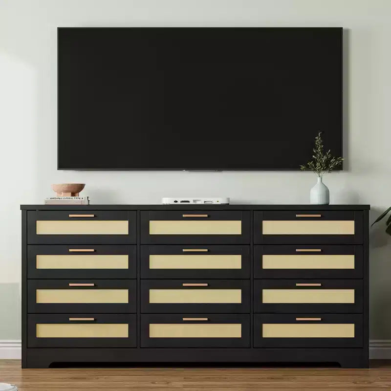 COZONY Commode à 12 tiroirs, commode moderne de 160 cm de large avec poignées en bois, organisateur de rangement pour chambre et meuble TV pour salon, couloir