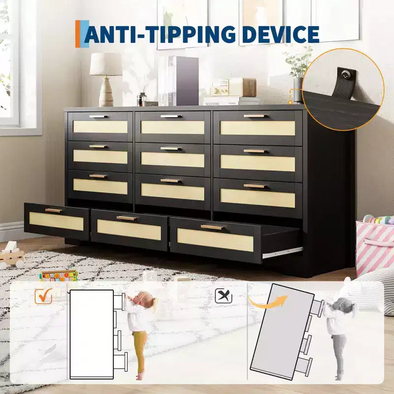 COZONY Commode à 12 tiroirs, commode moderne de 160 cm de large avec poignées en bois, organisateur de rangement pour chambre et meuble TV pour salon, couloir