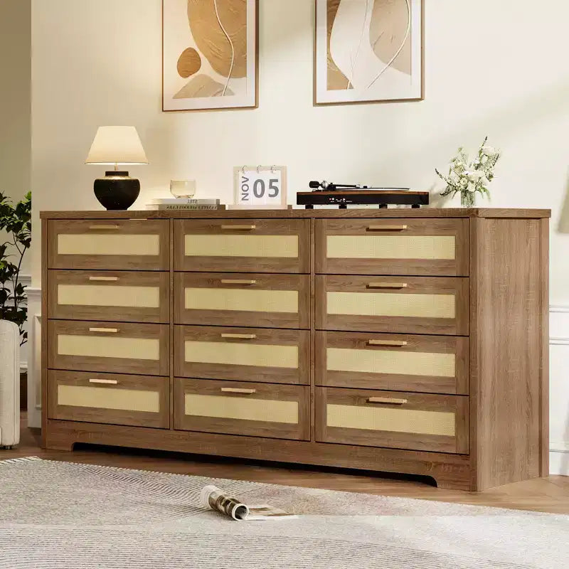 COZONY Commode à 12 tiroirs, commode moderne de 160 cm de large avec poignées en bois, organisateur de rangement pour chambre et meuble TV pour salon, couloir