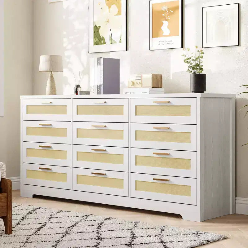 COZONY Commode à 12 tiroirs, commode moderne de 160 cm de large avec poignées en bois, organisateur de rangement pour chambre et meuble TV pour salon, couloir