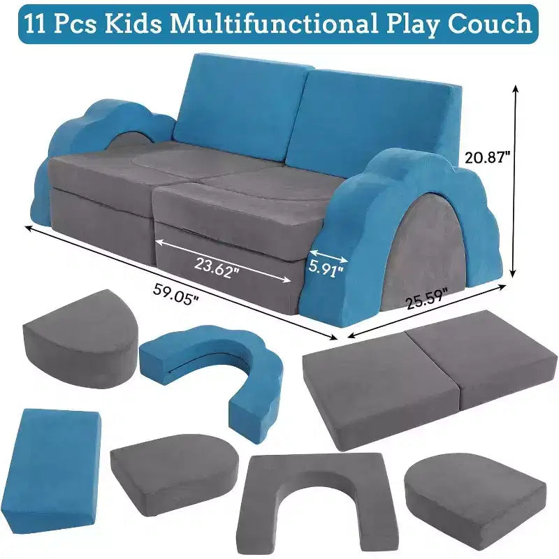 Canapé de jeu modulaire 11 pièces pour enfants, canapé sectionnel pour enfants, canapé de sol convertible en mousse pour salle de jeux et chambre à coucher