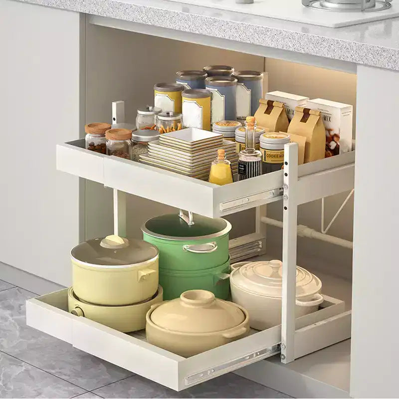 Tiroirs coulissants de cuisine pour armoires, organiseur coulissant réglable à 2 niveaux, étagère de rangement pour casseroles et poêles sous l'armoire, acier au carbone robuste