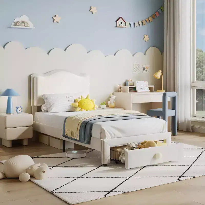 Cadre de lit enfant capitonné Acekool avec tête de lit et tiroir de rangement, velours