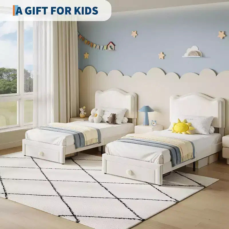 Cadre de lit enfant capitonné Acekool avec tête de lit et tiroir de rangement, velours