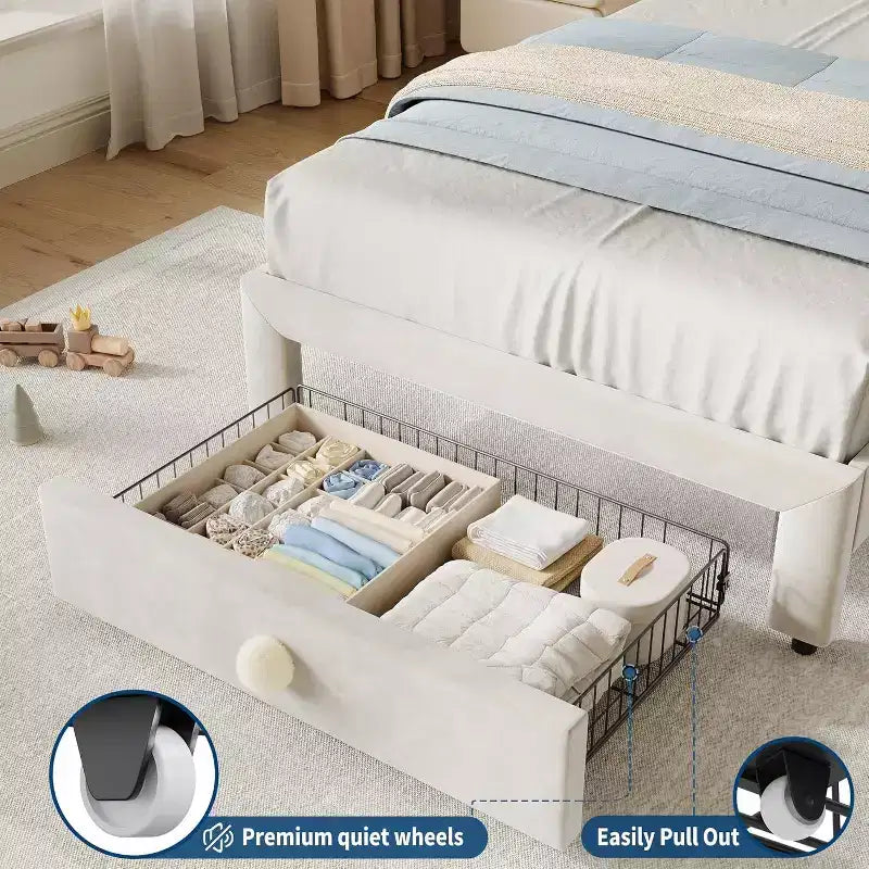 Cadre de lit enfant capitonné Acekool avec tête de lit et tiroir de rangement, velours