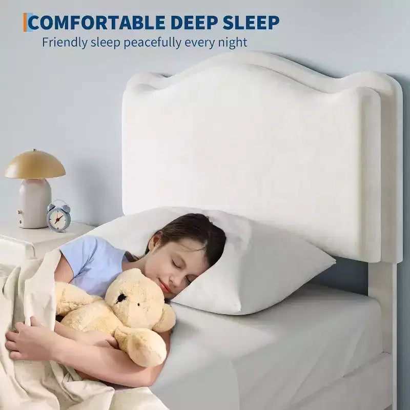 Cadre de lit enfant capitonné Acekool avec tête de lit et tiroir de rangement, velours