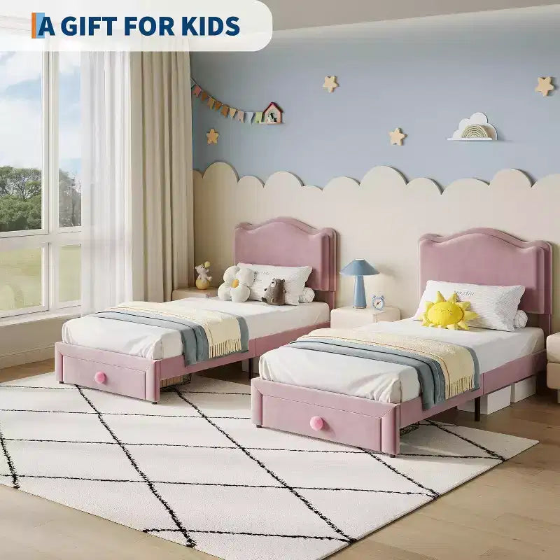 Cadre de lit enfant capitonné Acekool avec tête de lit et tiroir de rangement, velours