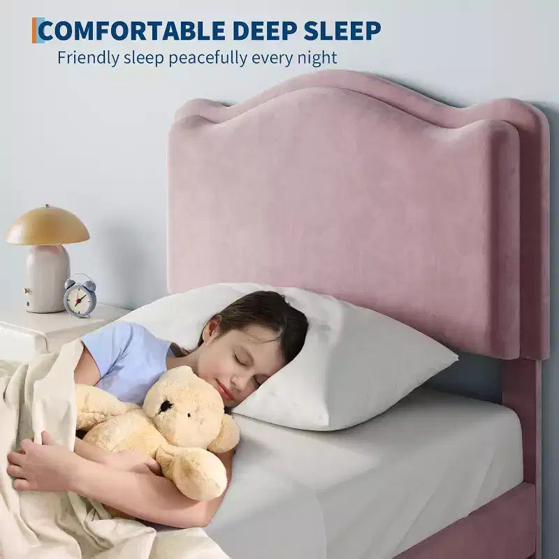 Cadre de lit enfant capitonné Acekool avec tête de lit et tiroir de rangement, velours