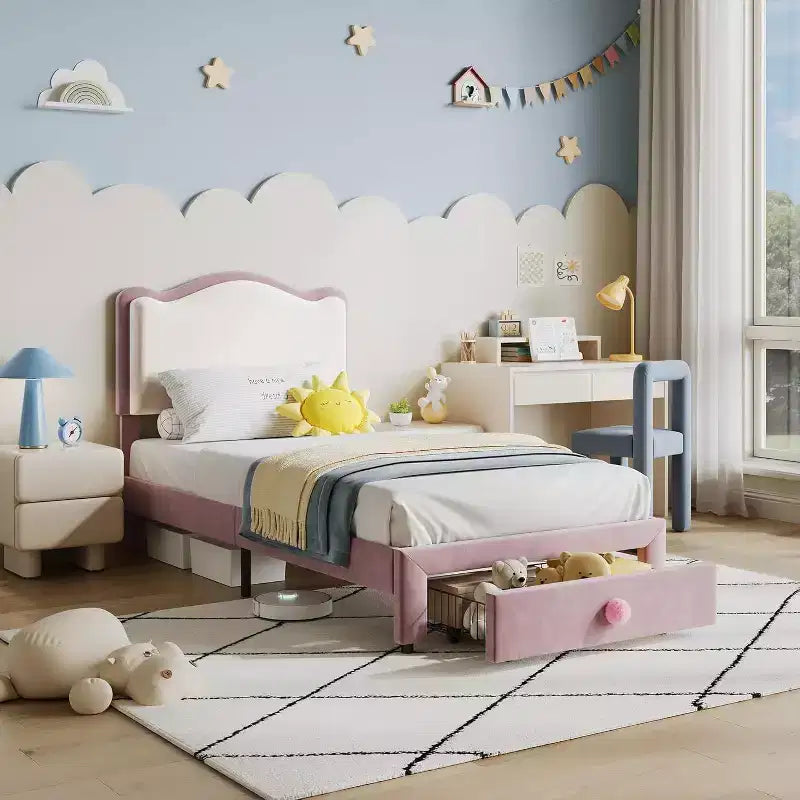 Cadre de lit enfant capitonné Acekool avec tête de lit et tiroir de rangement, velours