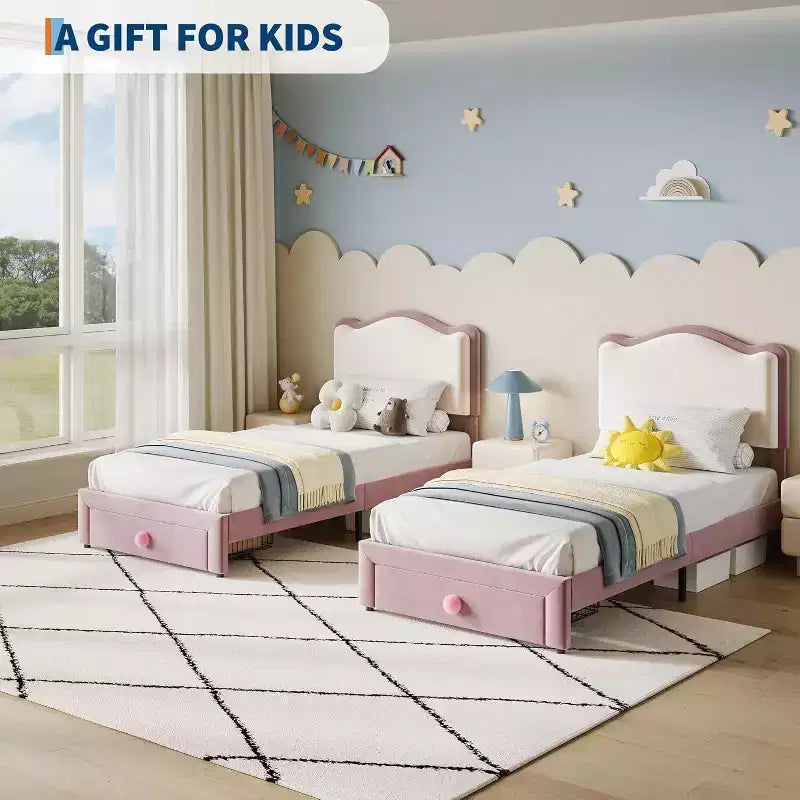 Cadre de lit enfant capitonné Acekool avec tête de lit et tiroir de rangement, velours