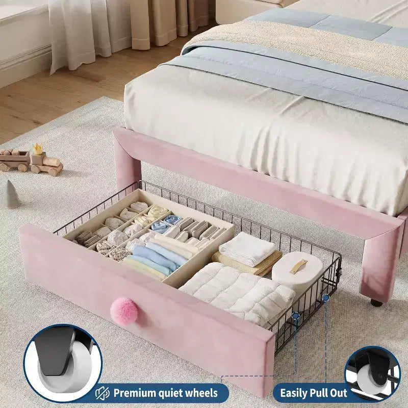Cadre de lit enfant capitonné Acekool avec tête de lit et tiroir de rangement, velours