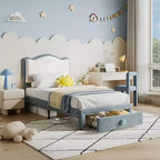 Cadre de lit enfant capitonné Acekool avec tête de lit et tiroir de rangement, velours