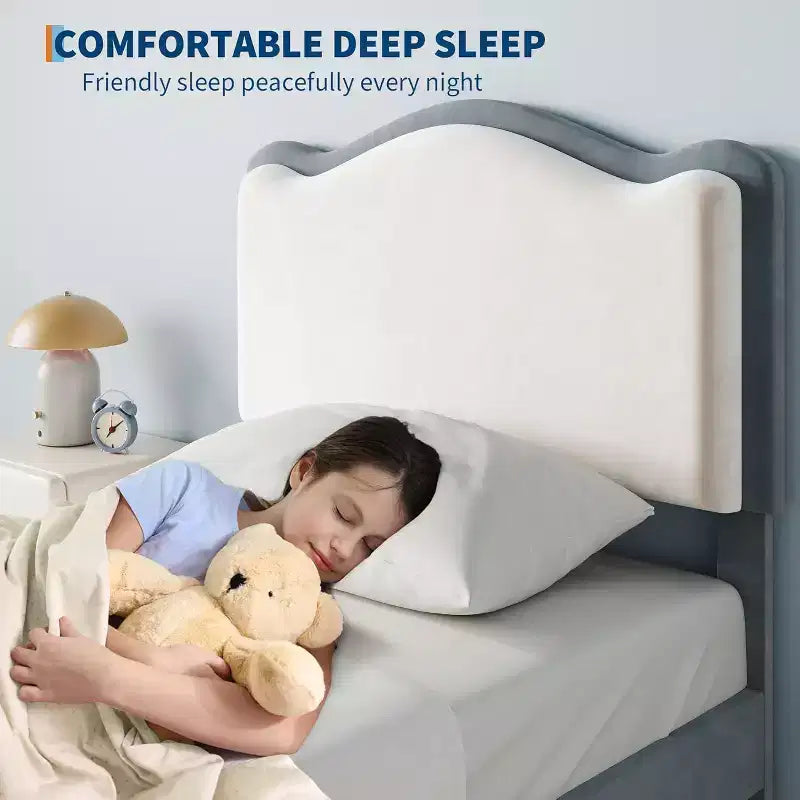 Cadre de lit enfant capitonné Acekool avec tête de lit et tiroir de rangement, velours