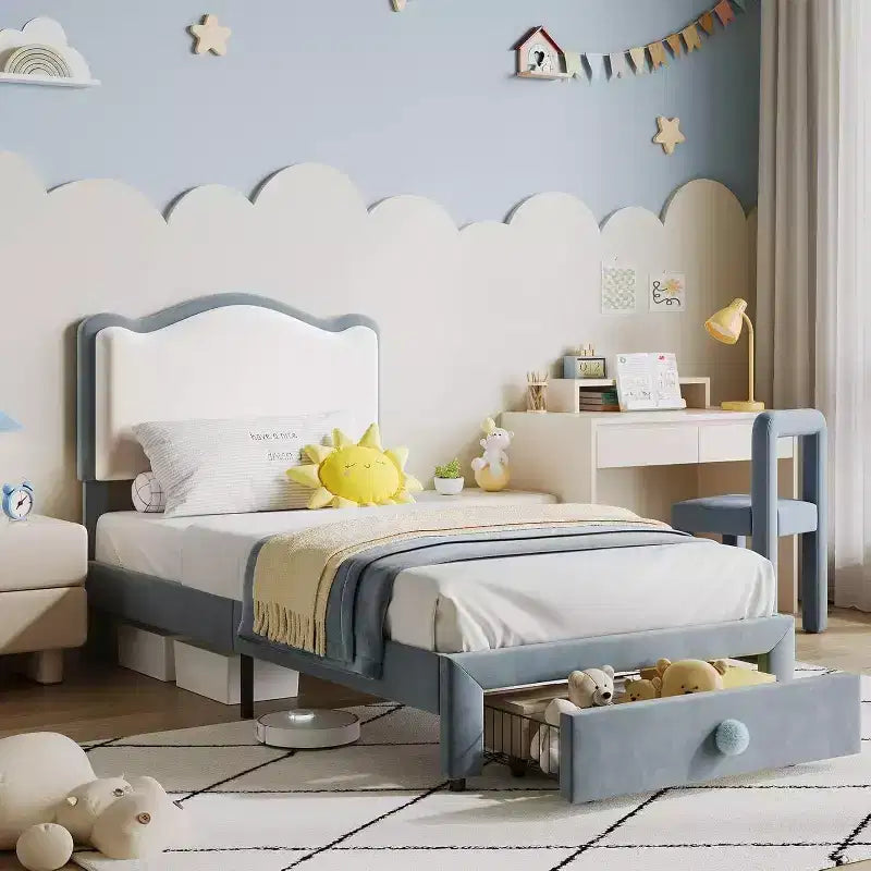 Acekool Upholstered Kids Bed Frame with Headboard and Storage Drawer, Velvet
