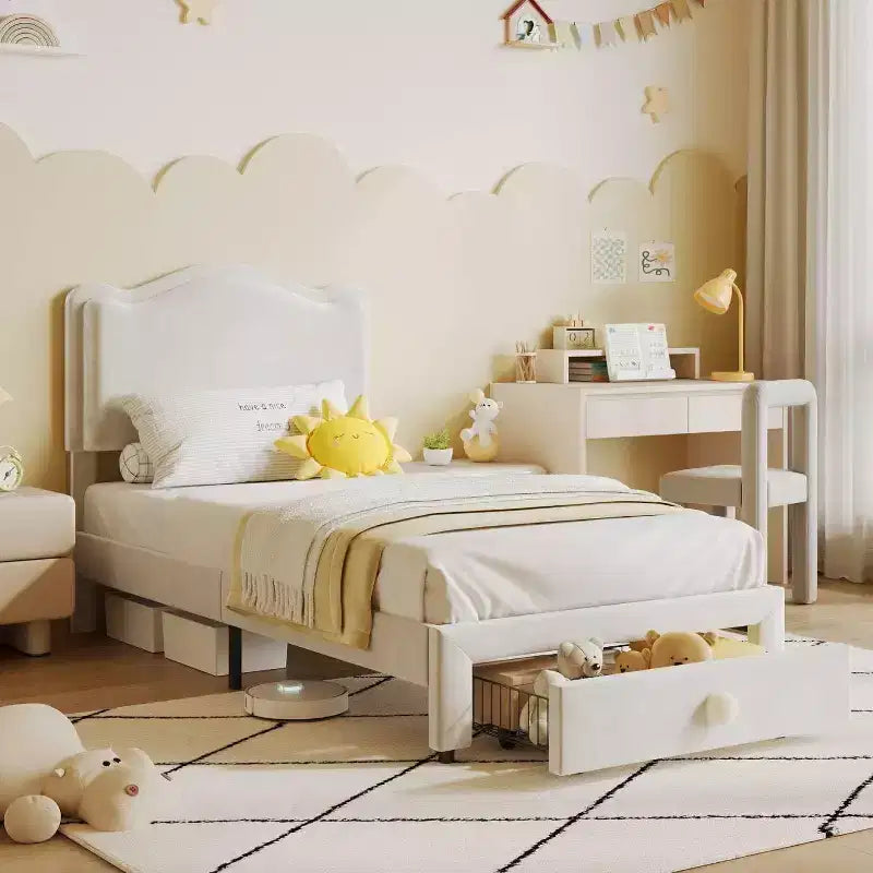 Cadre de lit enfant capitonné Acekool avec tête de lit et tiroir de rangement, velours