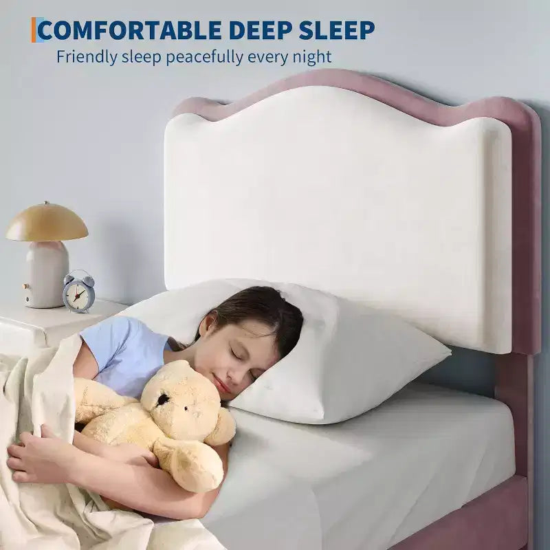 Cadre de lit enfant capitonné Acekool avec tête de lit et tiroir de rangement, velours
