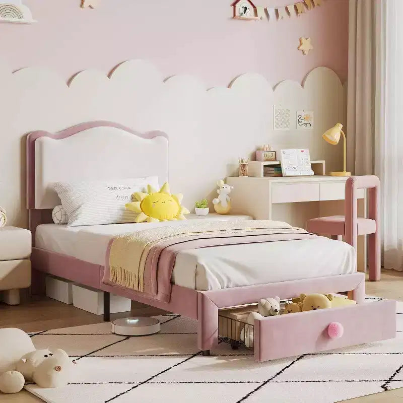 Cadre de lit enfant capitonné Acekool avec tête de lit et tiroir de rangement, velours