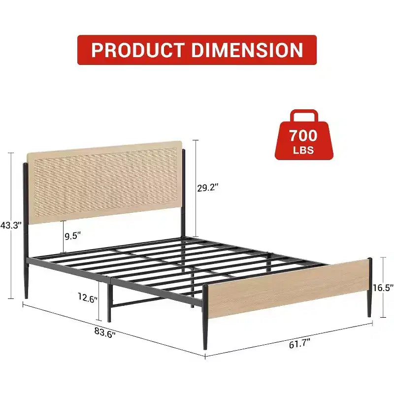 Acekool Lot de 2 Cadres de Lit Doubles avec Tête de Lit en Rotin Naturel, Espace de Rangement, Silencieux, Pas Besoin de Sommier Tapissier, Double, Lot de 2