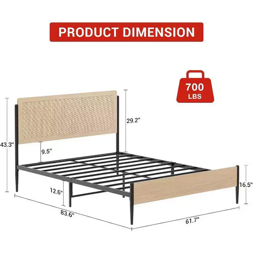 Acekool Lot de 2 Cadres de Lit Doubles avec Tête de Lit en Rotin Naturel, Espace de Rangement, Silencieux, Pas Besoin de Sommier Tapissier, Double, Lot de 2