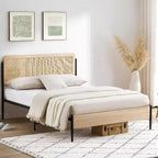 Acekool Lot de 2 Cadres de Lit Doubles avec Tête de Lit en Rotin Naturel, Espace de Rangement, Silencieux, Pas Besoin de Sommier Tapissier, Double, Lot de 2