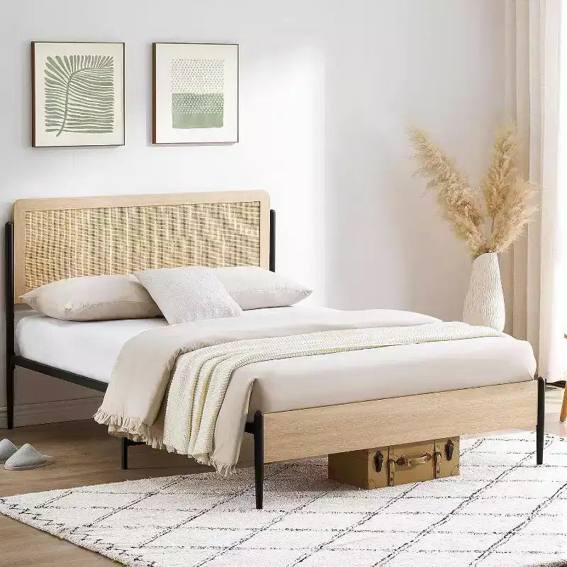 Acekool Lot de 2 Cadres de Lit Doubles avec Tête de Lit en Rotin Naturel, Espace de Rangement, Silencieux, Pas Besoin de Sommier Tapissier, Double, Lot de 2