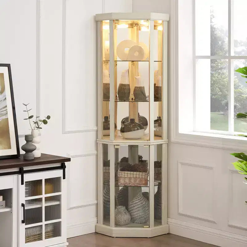 Vitrine d'angle éclairée de 69 pouces avec porte et étagères en verre trempé, vitrine d'exposition à LED, étagère de rangement murale incurvée pour bar et espace de rangement de spiritueux