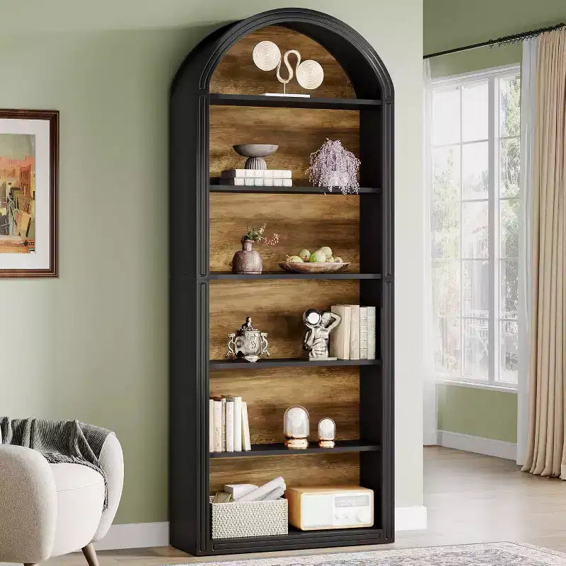 Étagère à livres 6 niveaux cintrée Lantine, bibliothèque haute de 196 cm, étagère de rangement ouverte autoportante pour salon, bureau à domicile