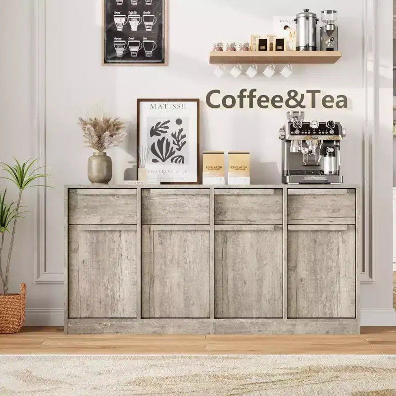 Buffet avec 2 ou 4 tiroirs et grand meuble à café de 80 ou 157 cm avec rangement, buffet de rangement moderne pour la cuisine et la salle à manger