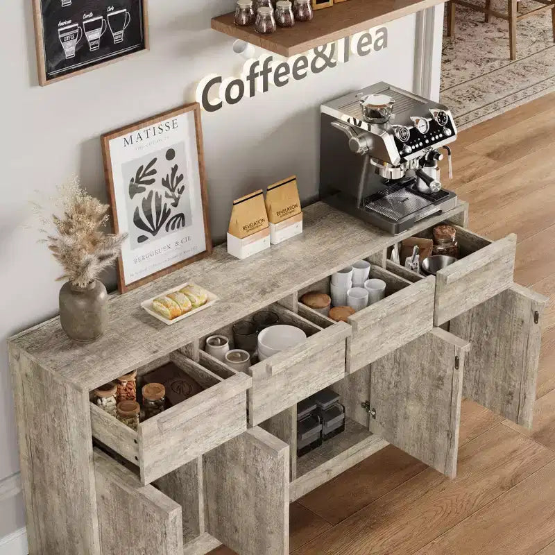 Buffet avec 2 ou 4 tiroirs et grand meuble à café de 80 ou 157 cm avec rangement, buffet de rangement moderne pour la cuisine et la salle à manger