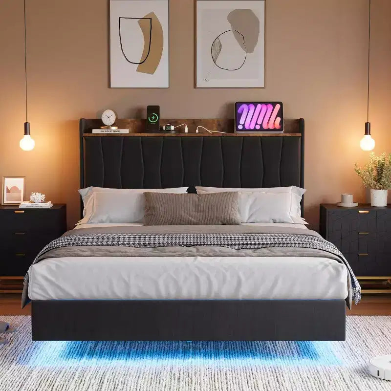 Cadre de lit, lit plateforme flottant avec tête de lit, ports de charge, cadre de lit rembourré moderne avec lattes en bois robustes, pas besoin de sommier tapissier