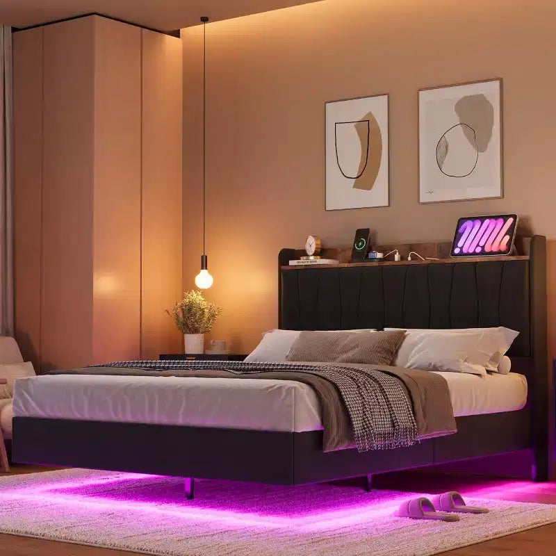 Cadre de lit, lit plateforme flottant avec tête de lit, ports de charge, cadre de lit rembourré moderne avec lattes en bois robustes, pas besoin de sommier tapissier