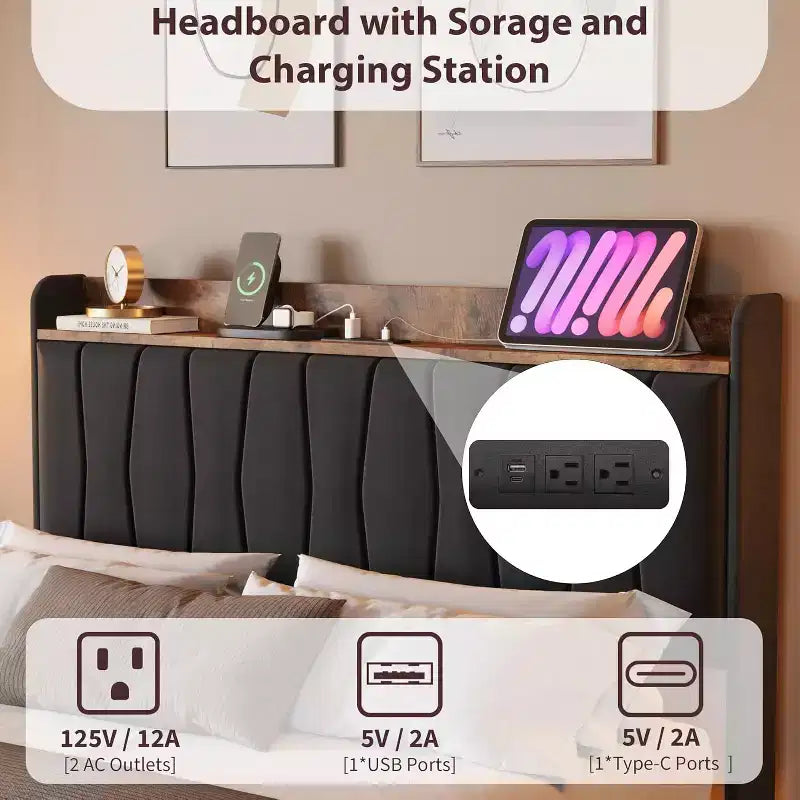 Cadre de lit, lit plateforme flottant avec tête de lit, ports de charge, cadre de lit rembourré moderne avec lattes en bois robustes, pas besoin de sommier tapissier