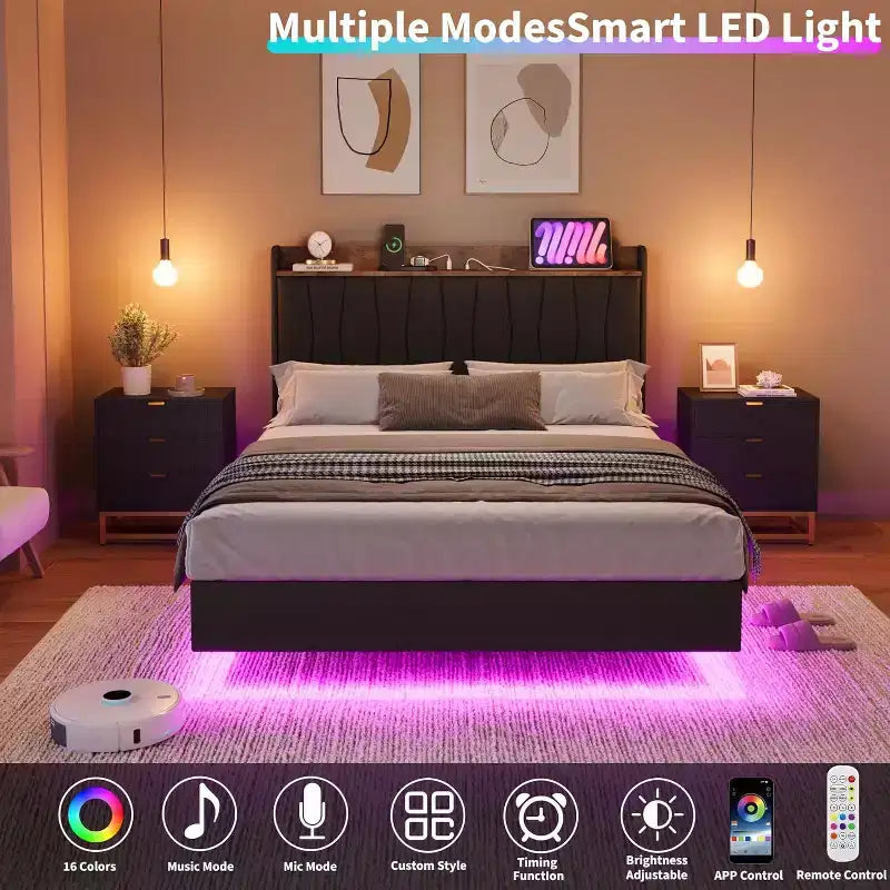 Cadre de lit, lit plateforme flottant avec tête de lit, ports de charge, cadre de lit rembourré moderne avec lattes en bois robustes, pas besoin de sommier tapissier