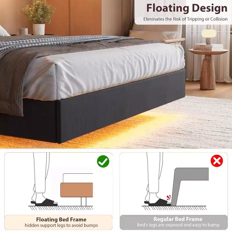 Cadre de lit, lit plateforme flottant avec tête de lit, ports de charge, cadre de lit rembourré moderne avec lattes en bois robustes, pas besoin de sommier tapissier