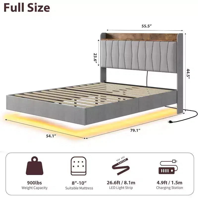 Cadre de lit, lit plateforme flottant avec tête de lit, ports de charge, cadre de lit rembourré moderne avec lattes en bois robustes, pas besoin de sommier tapissier