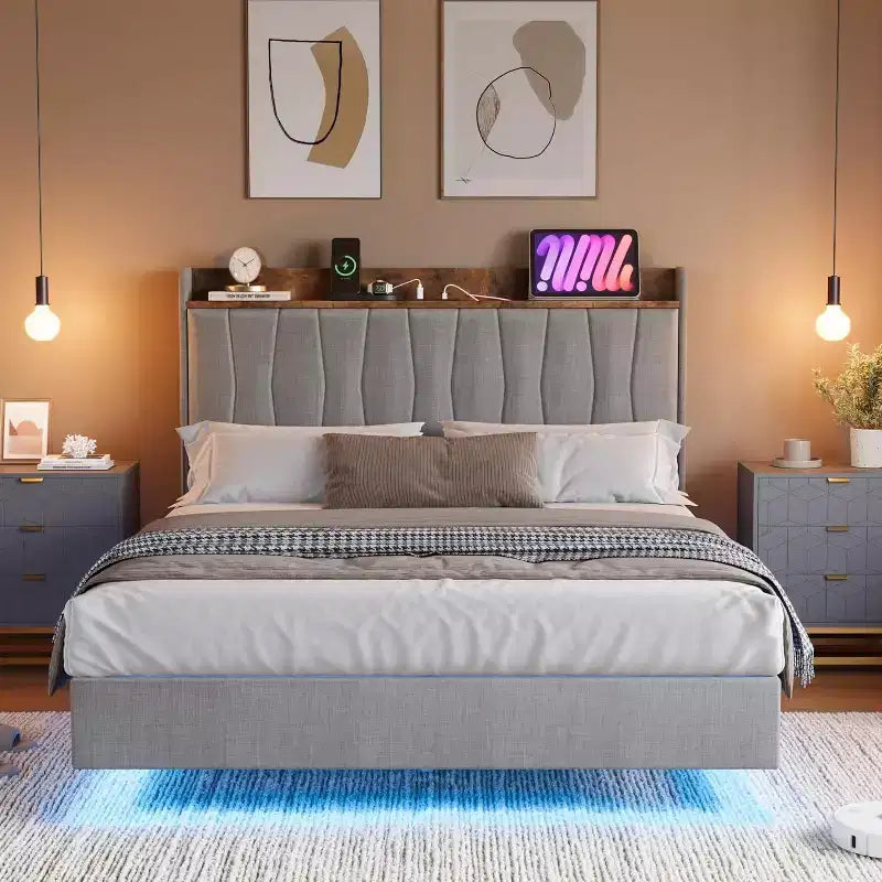 Cadre de lit, lit plateforme flottant avec tête de lit, ports de charge, cadre de lit rembourré moderne avec lattes en bois robustes, pas besoin de sommier tapissier
