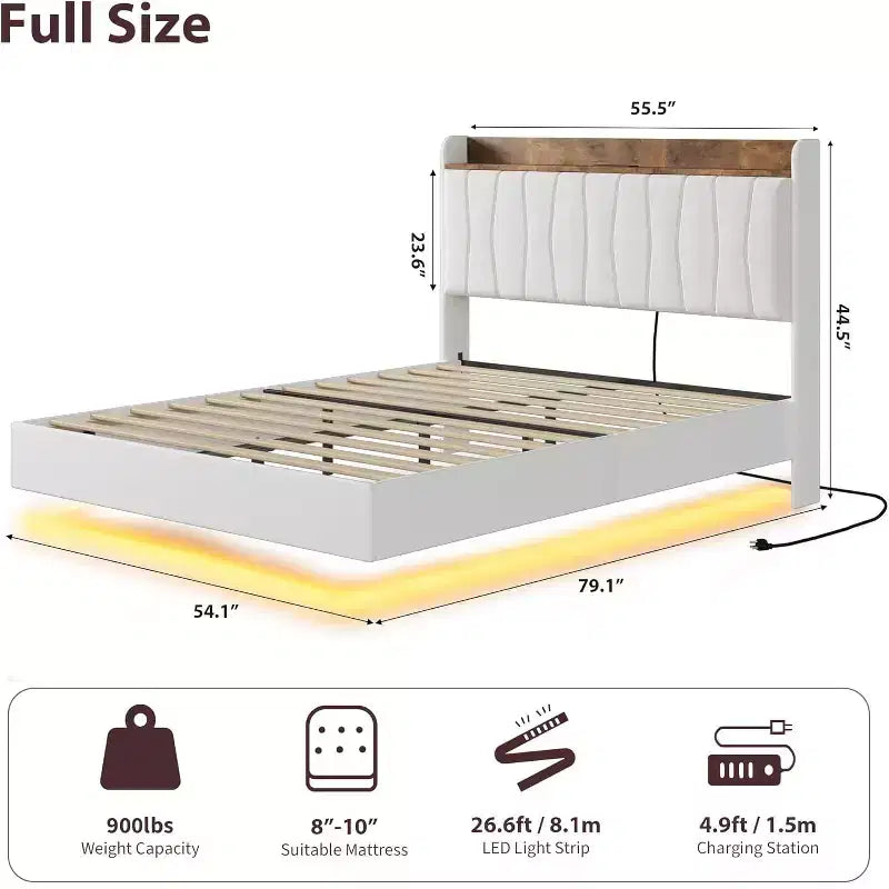 Cadre de lit, lit plateforme flottant avec tête de lit, ports de charge, cadre de lit rembourré moderne avec lattes en bois robustes, pas besoin de sommier tapissier